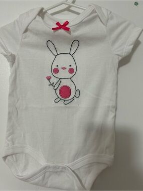 White Baby One-Piece with Pink Bunny Applique